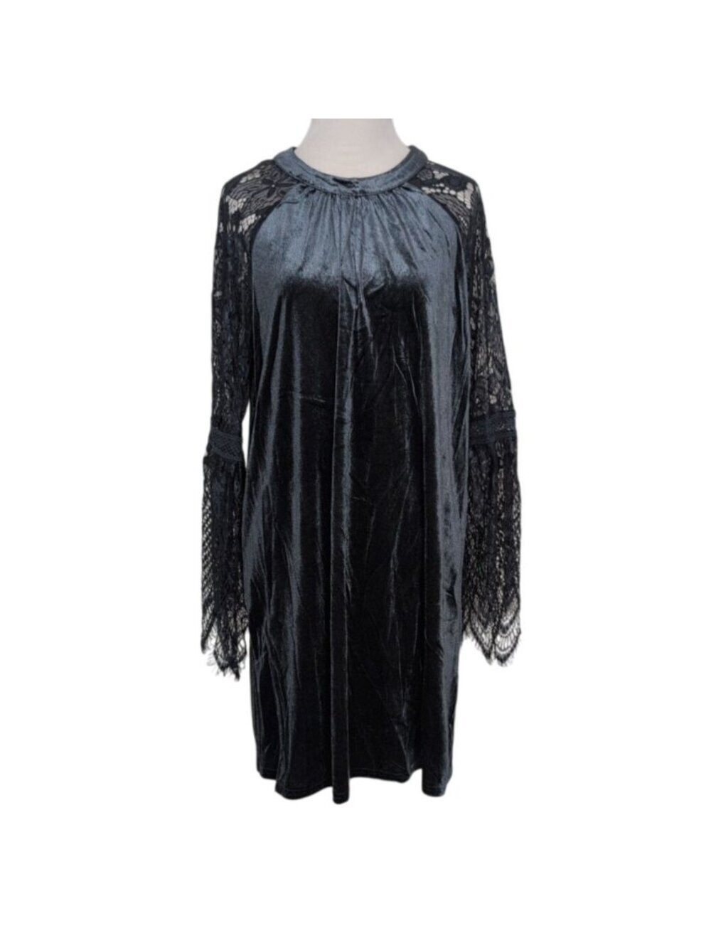 Umgee Velvet Mini Shift Dress Womens Size Medium Blue Lace Bell Sleeves Boho